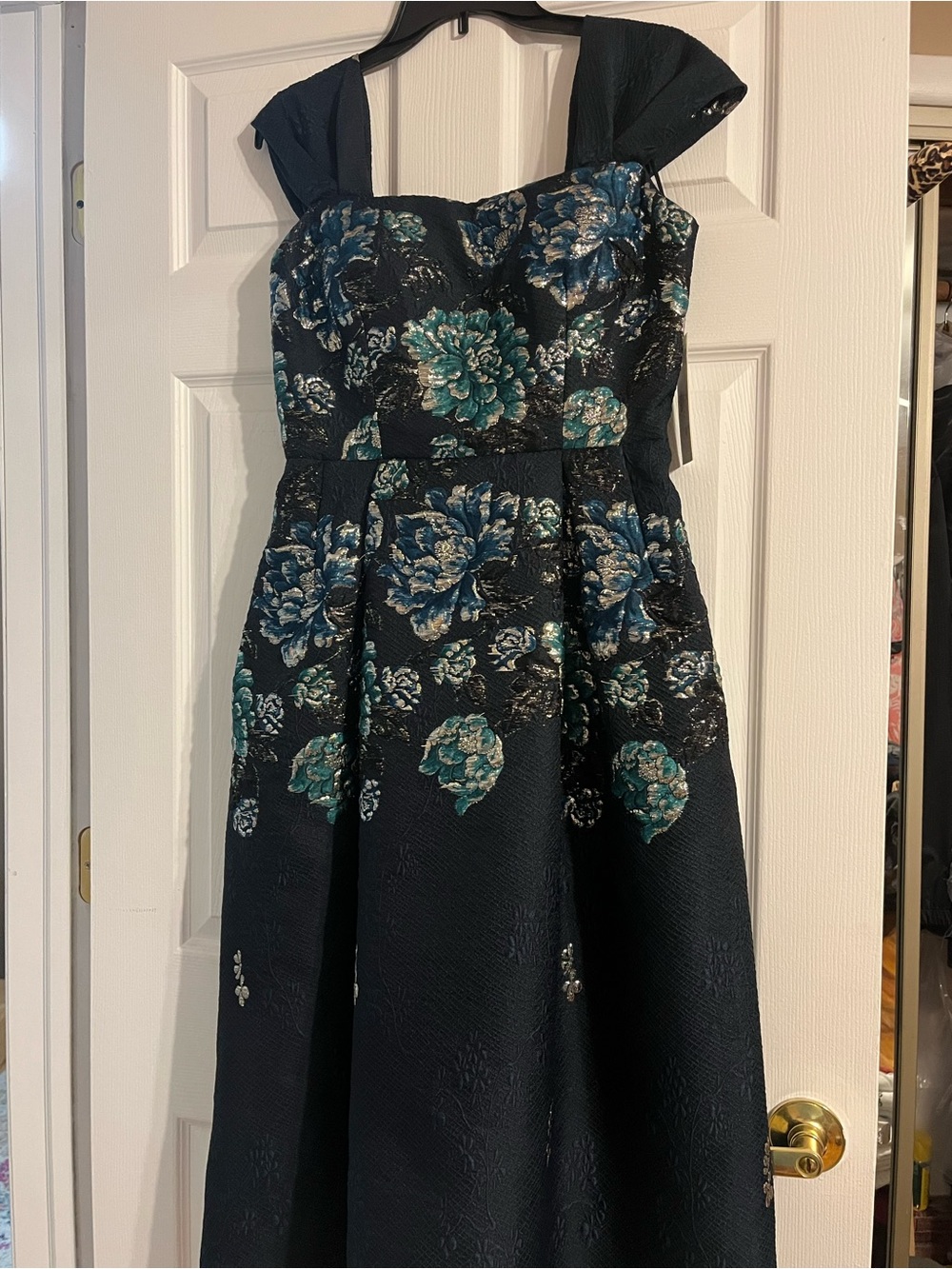 Rickie Freeman for Teri Jon Navy Brocade Dress with Teal Floral Accents